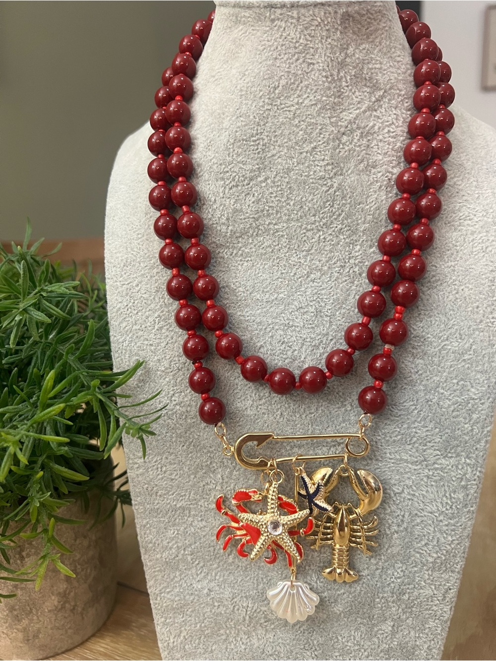 Gold Charm Red Beaded Necklace with Crab & Lobster Charms